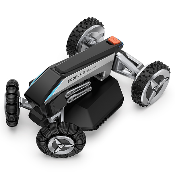 The sleek EcoFlow Blade Robotic Lawn Mover features a compact, low-profile,  sturdy aluminum frame, several sensors and cameras used to navigate, a cutting deck with sharp blades and large drive wheels to handle different terrains. 